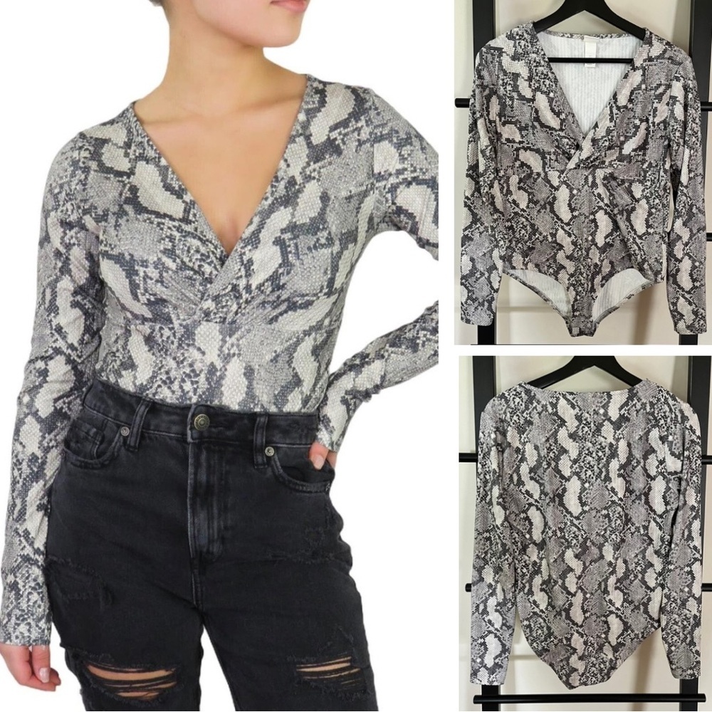 H&M Grey Snakeskin Print Long Sleeve V-Neck Bodysuit Size L